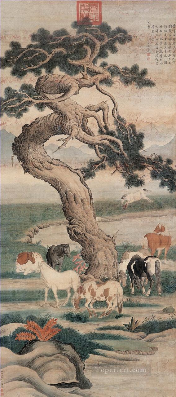 古い墨の木の下で輝くラング 8 頭の馬 ジュゼッペ・カスティリオーネ油絵
